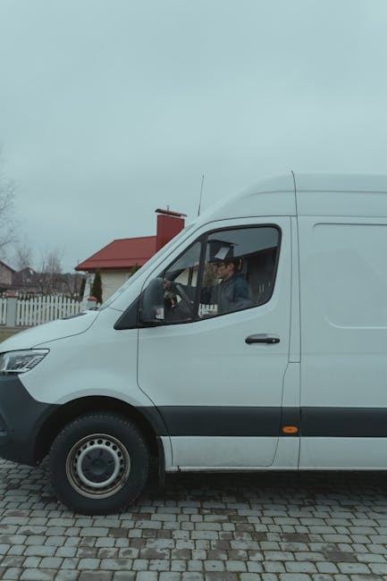 A man wearing a black cap, white t-shirt, and jeans is in the process of loading several cardboard boxes into the side door of a white commercial van parked on a residential street. The man is holding